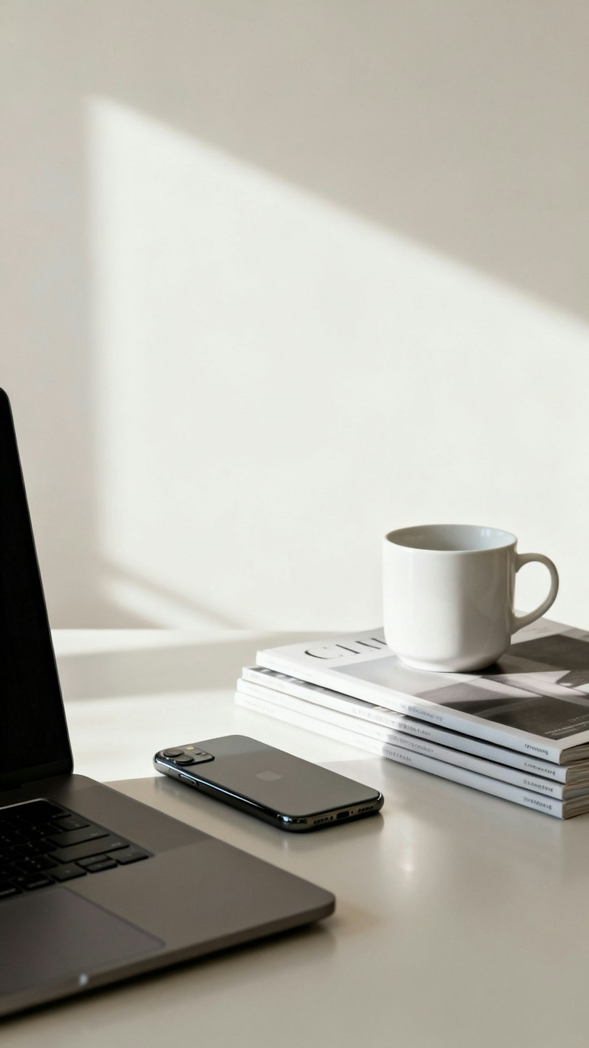 Minimal desk with a laptop, smartphone and coffee